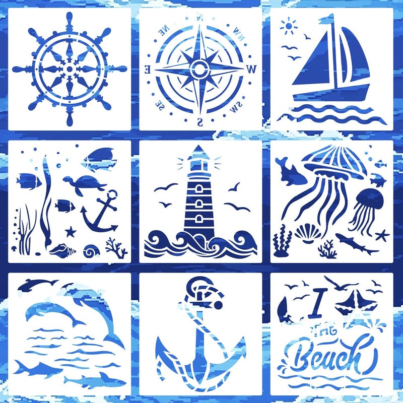 Resflyar 9 PCS Compass Anchor Stencils Plastic Nautical Theme Painting Templates, Sailboat Beacon Stencils for DIY Crafts Scrapbooking Wood Floor Wall Decor 7.9 x 7.9 Inch - Image 1